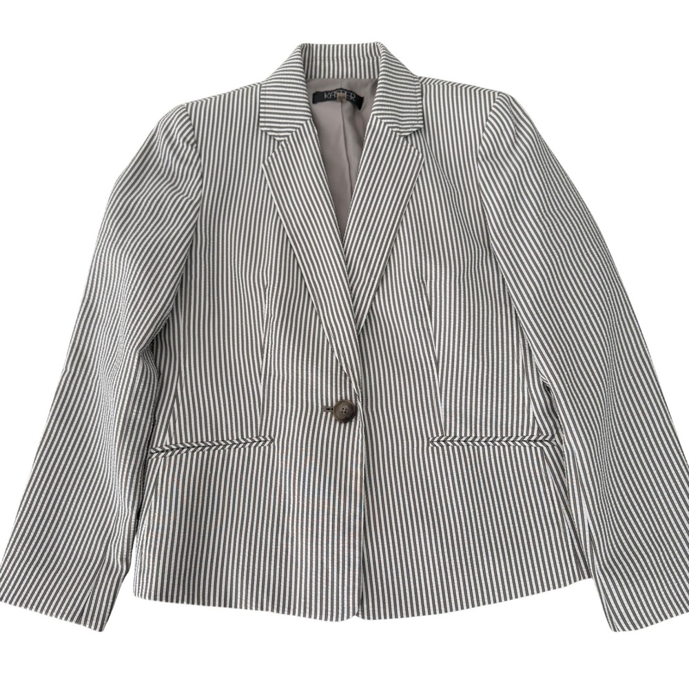 Kasper Petite Women's Seersucker Blazer Gray Stripe Office Coastal Summer‎ SZ 8P